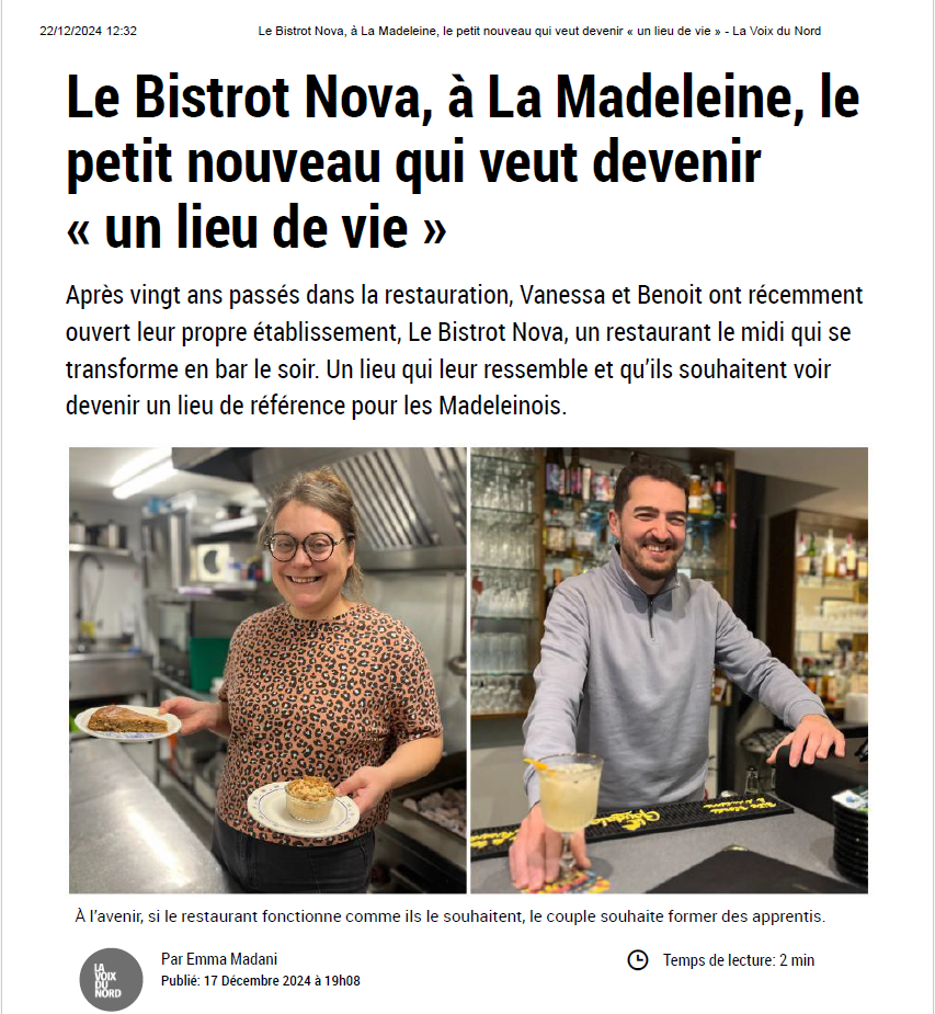article la voix du nord sur un nouveau restaurant à la madeleine